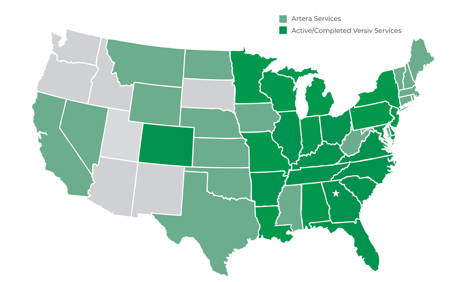 Versiv Service Map. Artera Services are in light green. Active/Completed Versiv Services in dark green.