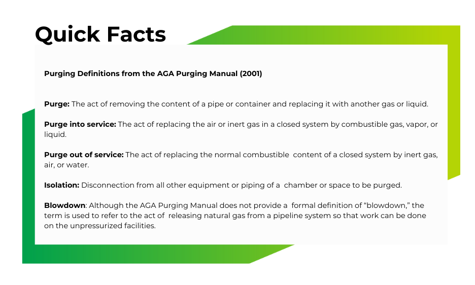 Purging Definitions from the AGA Purging Manual (2001) Purge: The act of removing the content of a pipe or container and replacing it with another gas or liquid. Purge into service: The act of replacing the air or inert gas in a closed system by combustible gas, vapor, or liquid. Purge out of service: The act of replacing the normal combustible content of a closed system by inert gas, air, or water. Isolation: Disconnection from all other equipment or piping of a chamber or space to be purged. Blowdown: Although the AGA Purging Manual does not provide a formal definition of “blowdown,” the term is used to refer to the act of releasing natural gas from a pipeline system so that work can be done on the unpressurized facilities. 